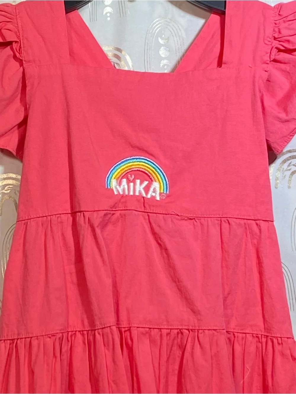 Mika Yoga Wear Coral Pink Tiered Dress with Rainbow Embroidery